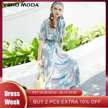 

Vero Moda Women's National Style Print V-neck Lace-up Elbow Sleeves Long Dress | 31926Z559