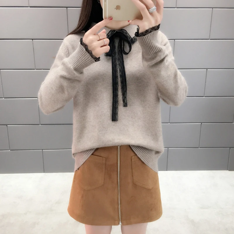 Goedkoop TIGENA Elegante Kant Turn down Collor Trui Vrouwen Jumper 2019 Herfst Winter Lange Mouw Gebreide Trui Vrouwelijke Kaki