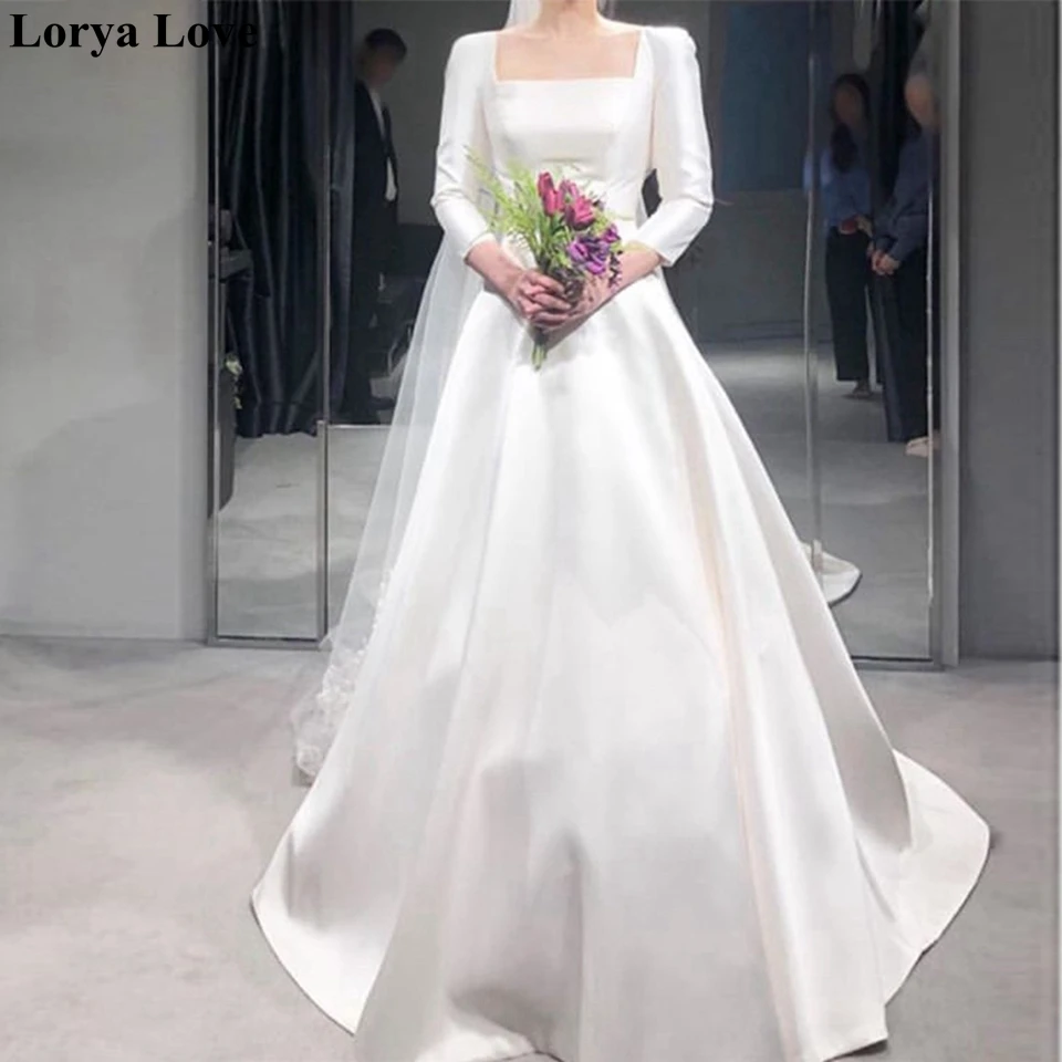 

Boho Wedding Dresses 2020 Ivory A-Line Three Quarter Sleeves Wedding Dress Satin Long Square Collar Neck Simple Robe De Mariee