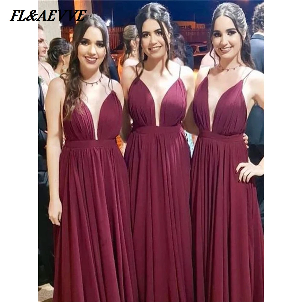 

Ready Ship Burgundy Bridesmaid Dresses Simple Chiffon V Neck Straps Bridesmaid Dress Floor length Dress for Wedding Party