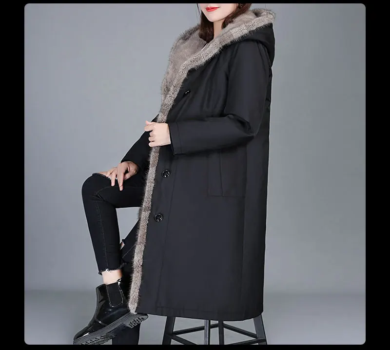 Novmoop, корейский стиль, повседневный стиль, Зимняя женская, черная, кроличья подкладка, натуральный мех, длинное пальто с норковым воротником/шапка vera pelliccia LT2931