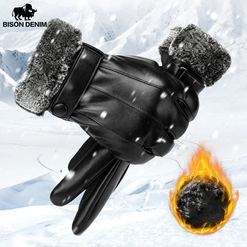 BISON DENIM Warm Thicken Winter Men's Gloves Touch Screen PU Leather Outdoor Sport Windproof Fashion for Men S050 | Аксессуары для