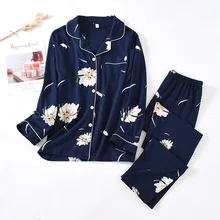 

Daisy Print 100% Cotton Pajamas Women Long Sleeve Homewear Suit 2021 Spring Autumn Two Piece Set Sleepwear Female Home Clothes