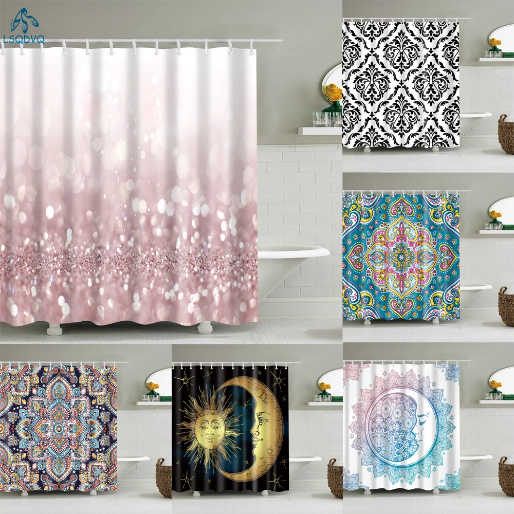 Curtains Bathroom Flower Mandala Geometric-Moon Waterproof Hooks Frabic Polyester