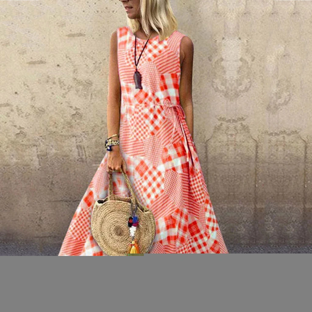 Women Sexy Lace Dress Vintage Print Patchwork O-Neck Sleeveless Summer Plus Size Maxi Long Ladies Dresses Elegant Girls  723