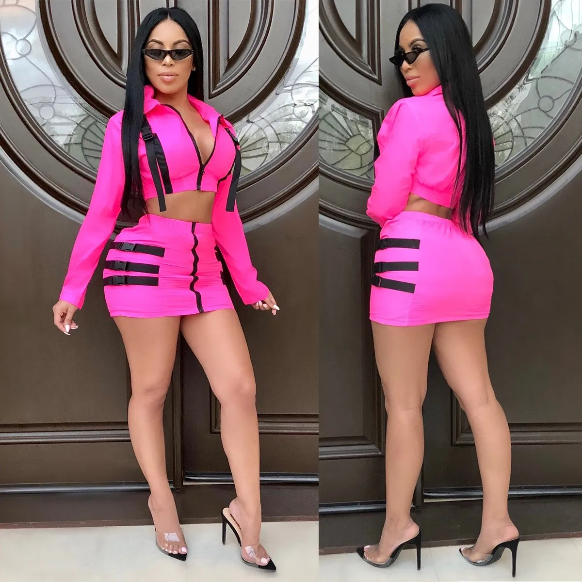 

Rosy Buckle Two Piece Set Dress Long Sleeve Jacket Coat Casual Set Crop Top Bodycon Mini Skirt Outfits