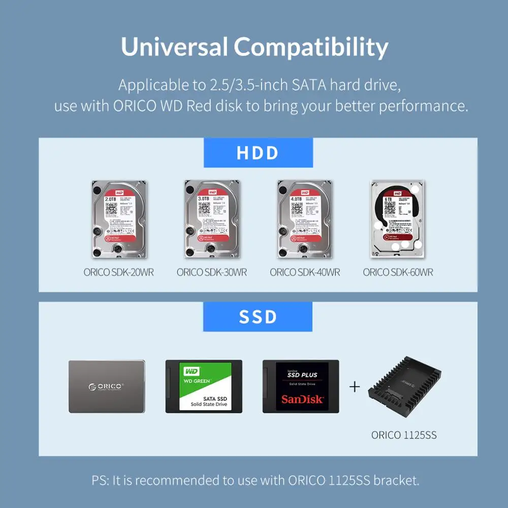  Estación de acoplamiento ORICO 2 bay 35 pulgadas USB3.0 a SATA HDD con carcasa de disco duro de alu