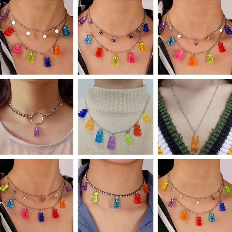 Collares de cadena con estrellas de colores para mujer, de animales de collares con colgantes Crtoon, dulces, Mini Oso de goma, joyería femenina
