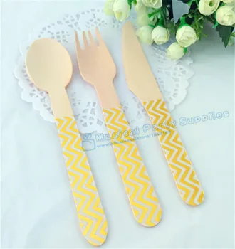 

36pcs Foil Gold Chevron Wooden Utensils Eco-Friendly Biodegradable Disposable Forks Spoons Knives for Wedding New Year Christmas