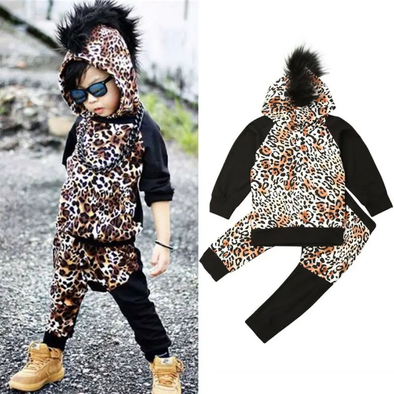 Одежда для маленьких мальчиков детские осенне-весенние спортивные костюмы детские топы с капюшоном и леопардовым принтом для маленьких мальчиков, штаны комплект одежды из 2 предметов