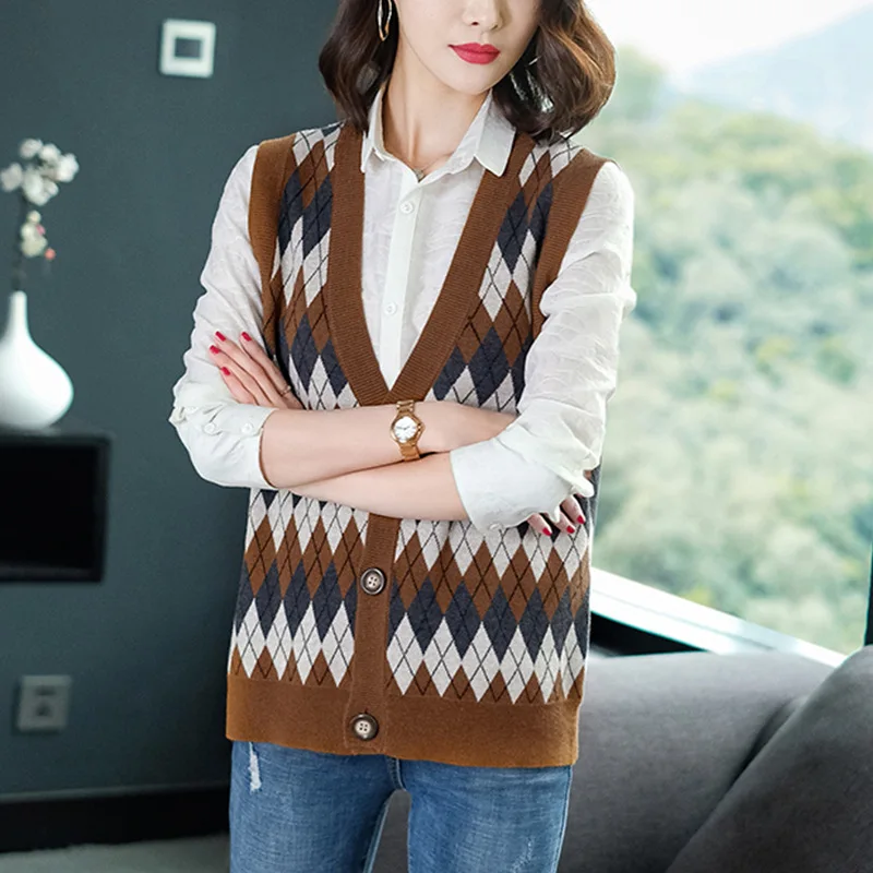 ^Cheap Sweater Small Vest Outdoor Loose-Fit College Style V-neck Plaid Sleeveless Outer Wear Cardigan V-neck Knitted Vest Vest Women's