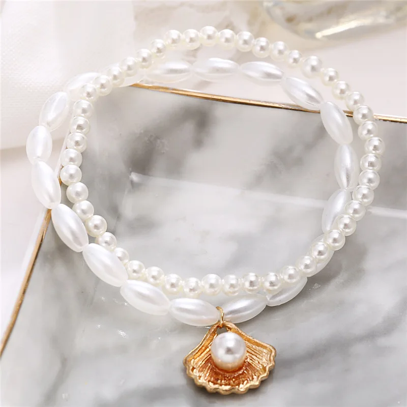 1 Set ( 2 PCs/Set) Elegant Anklet Gold Color White Scallop Imitation Pearl On Foot Ankle Bracelet Women Jewelry 22cm - 20cm long - Image 5