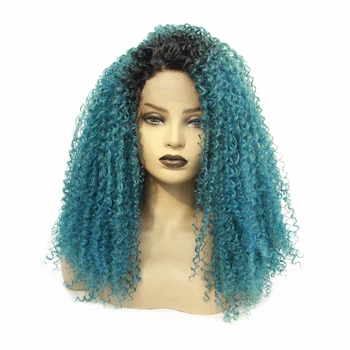 

Dark Roots Lace Wigs Synthetic Hair For Black Women 26 Inch Long Kinky Curly Ombre Green Color Heat Resistant Fiber Daily Party