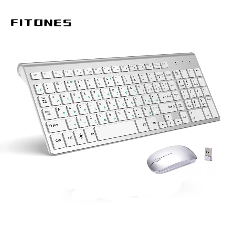 2.4G Wireless Keyboard and Mouse, Russian Layout U.S. Layout, Compact, Convenient, Ultra Thin, Ergonomic, Silver White|Keyboard Mouse Combos| -…