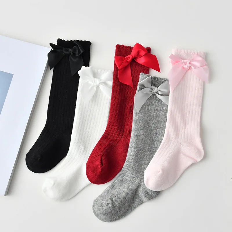 

2019 Spring New Style Children's Socks Girls Single Color Stripes Bubble Mouth Tube Socks Baby Bow Cotton Socks Slip Socks