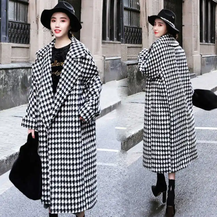 

Plaid woolen coat female autumn and winter houndstooth coat loose cocoon knee-length long thick retro student outside