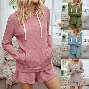 

Sweater Suit Casual Loose Women Two Pieces Set Long Sleeve Pockets Hoodies And Shorts 2020 Female Pajama Set Tracksuit Soft Suit