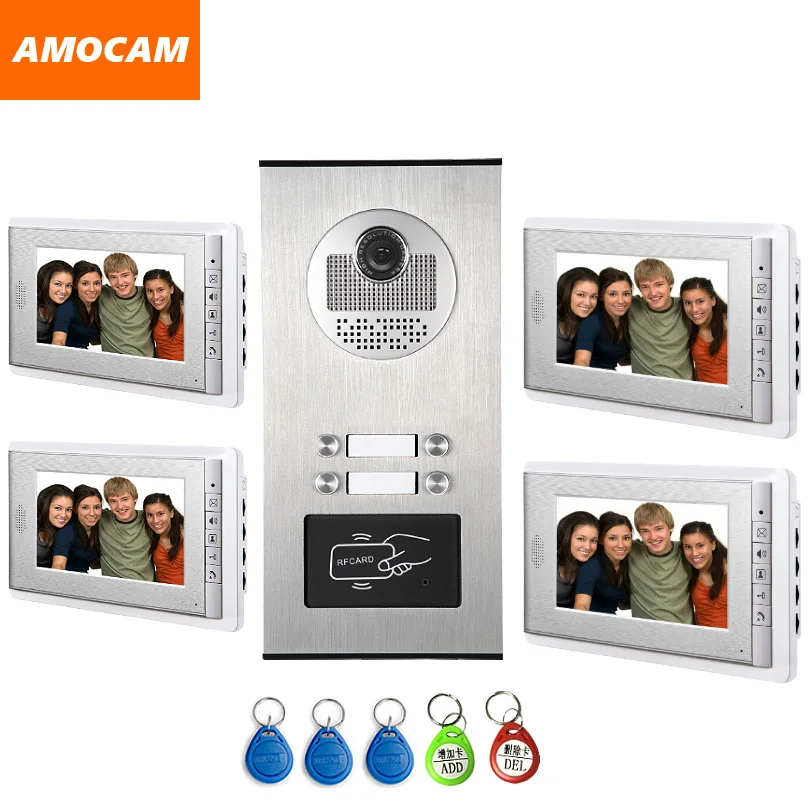 

4 Units Apartment intercom system Video Door Phone Door Intercom Aluminum Alloy Camera 7" Monitor video Doorbell 5-RFID Card