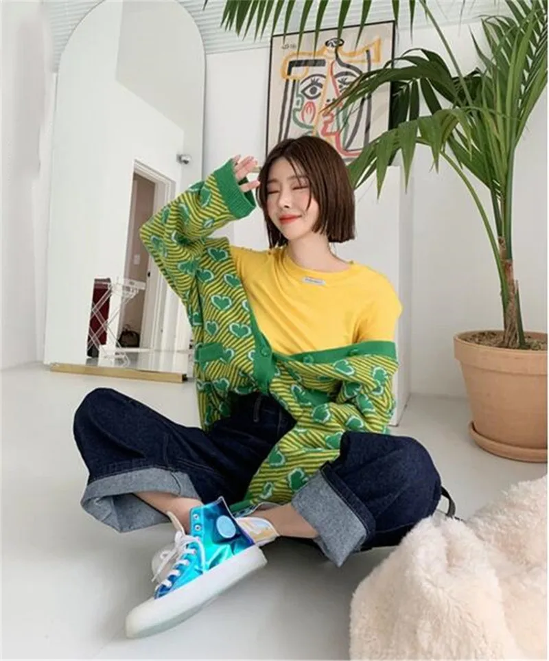 RUGOD Autumn Winter New Style Chic Love Pattern Plus Size Women V-neck Stripe Cardigan Fashion Kpop Clothes