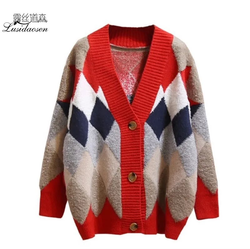 Loose Contrast Diamond Check Cardigan 