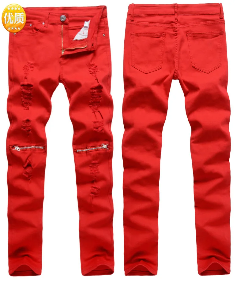 

New Style Men with Holes Knee Zipper Pure Cut Rotten Casual Pants Slim Fit Pants Stretch Pants Nightclub Fashion Pants 0303