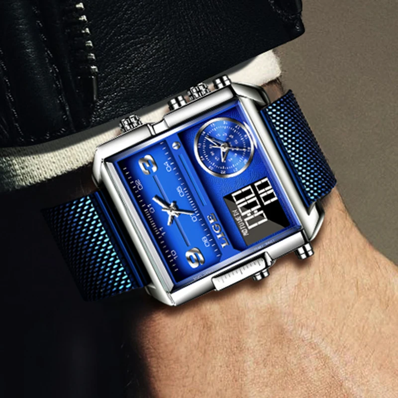 LIGE Brand Men Sport Watches 3 Time Zone Big Man Fashion Military LED Watch Ultra-thin Mesh Men Quartz Wristwatches Reloj Hombre
