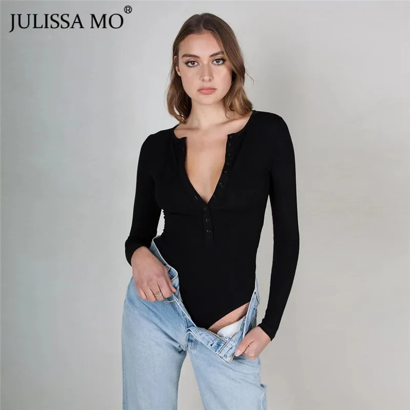 Julissa mo белый вязаный сексуальный боди с v-образным вырезом для женщин зимний длинный рукав Облегающий комбинезон костюм повседневные пуговицы женские боди