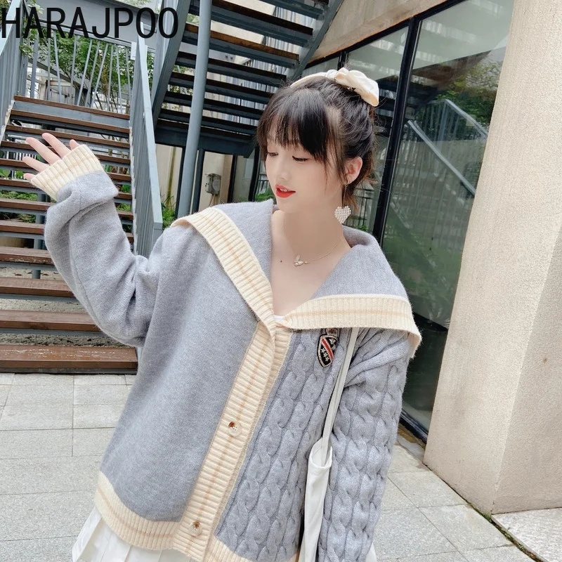 Harajpoo Woemn Cardigans Preppy Style Navy Collar Badge All Match Clothing Knitted Jacket Autumn 2021 New Korean Loose Sweater |