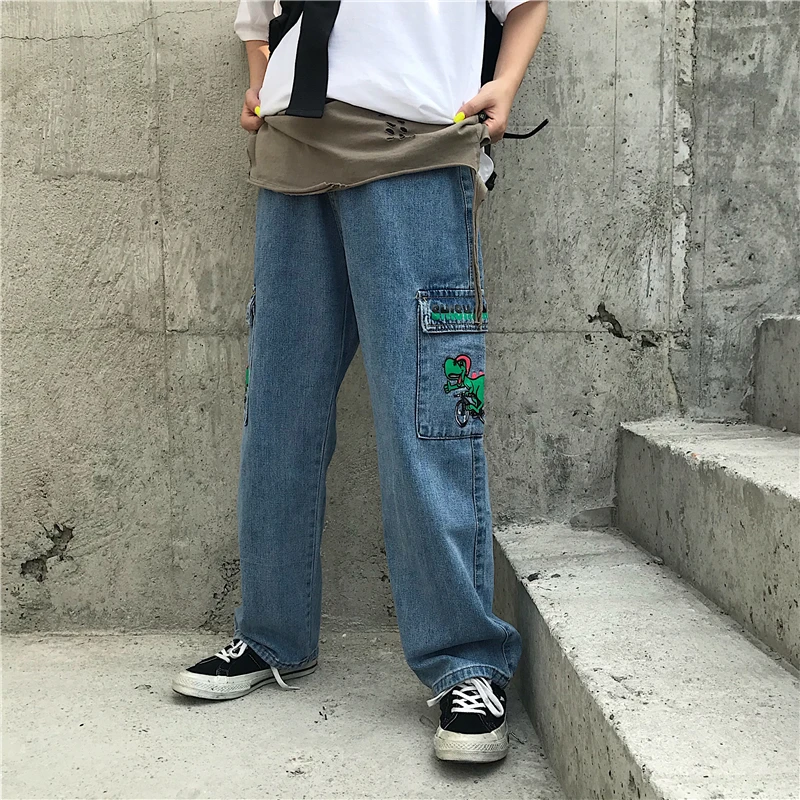 Новые джинсы для женщин Harajuku Мультяшные джинсы милые джинсы с динозавром свободные брюки с высокой талией хлопковые большие комбинезоны с карманами женские брюки
