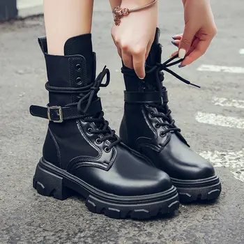 

Women Combat Boots 2020 Autumn Female Platform Gothic Shoes Black Leather Boots Women Fashion Mid Calf Boots