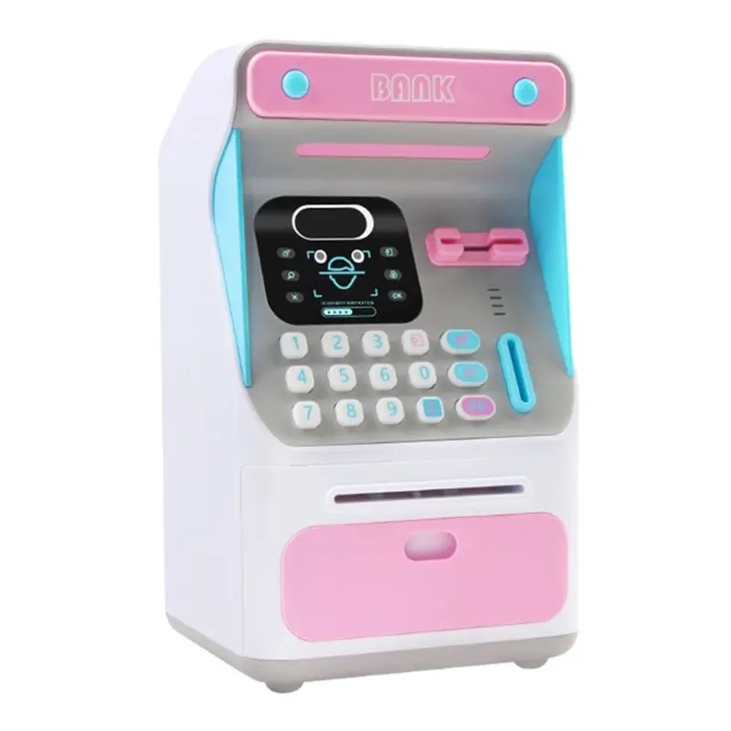 Mini banco de dinheiro atm com bloqueio eletrônico reconhecimento facial rolo automático papel dinheiro & moeda para crianças adolescentes meninos meninas|Brinquedos bancários e de dinheiro| -