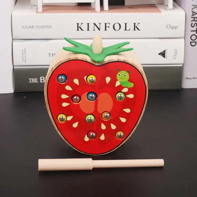 Hot Sale Baby Wooden Toys 3D Puzzle Early Childhood Educational Toys Catch Worm Game Color Cognitive Magnetic Strawberry Apple 26
