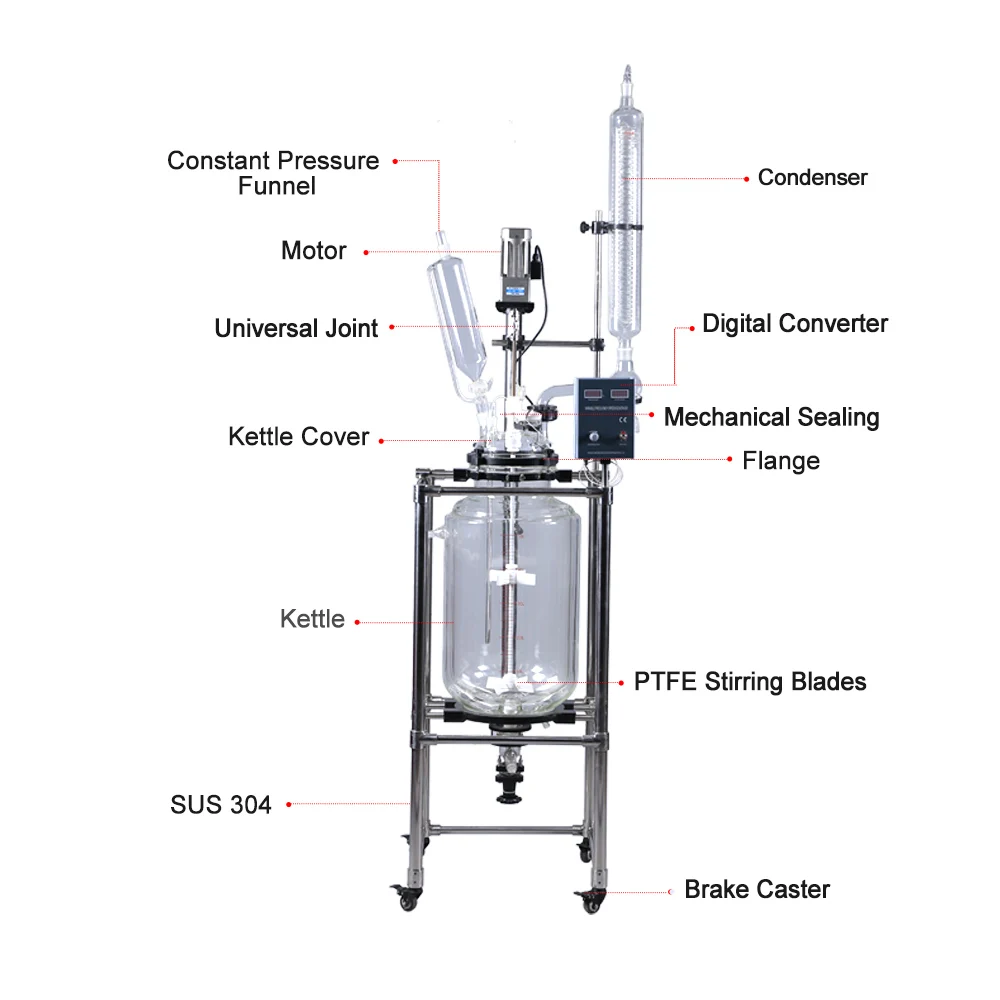 Лабораторное оборудование 20L лабораторный реактор из химического стекла высокого давления с двойной оболочкой