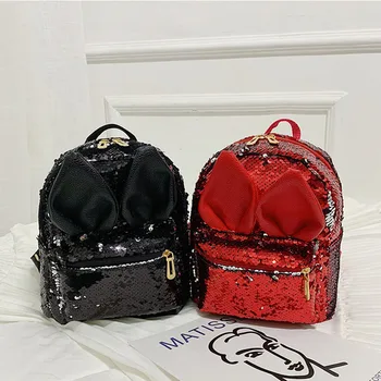 

Women Girl Sequins Backpack Zipper Rabbit Ear Large Capacity for Travel Beach New