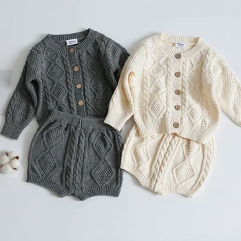 Toddler Girls Boys Suit Autumn Winter Children Clothing Boys Girls Baby Knit Sweater Cardigan + Shorts Suit Baby Clothes Suit
