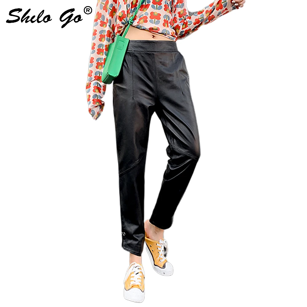 Lederen Broek Spleet Zoom Elastische Taille Terug Solid Harembroek 2020 Herfst Vrouwen Causale Beknopte Basics Broek Vrouwelijke Lederen Broek Spleet Zoom Elastische Taille Terug Solid Harembroek 2020 Herfst Vrouwen Causale Beknopte Basics Broek Vrouwelijke