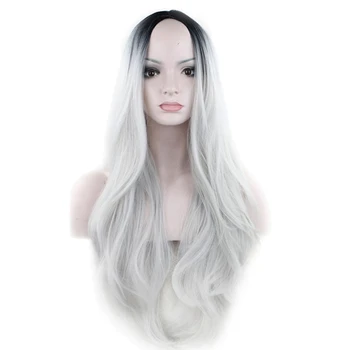 

Black Mixed Grey Wig 26" Wavy Heat Resistant Women Long Hair Lace Hair Net