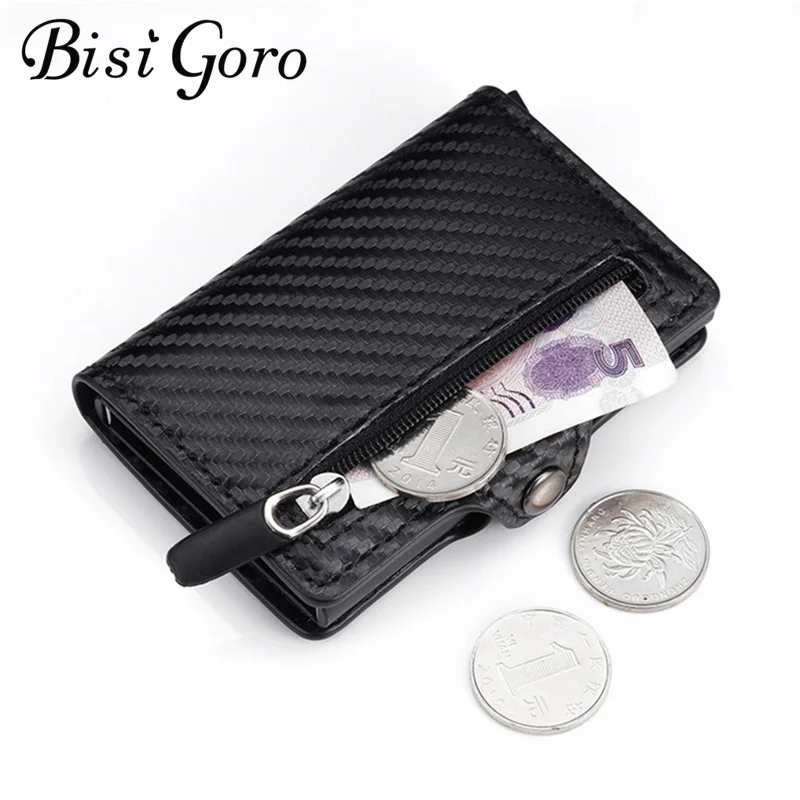 Bisi Goro New Coin Purse Anti-theft Carbon Fiber Credit Card Holder Male ID Holder With Zipper RFID Business Button Wallet