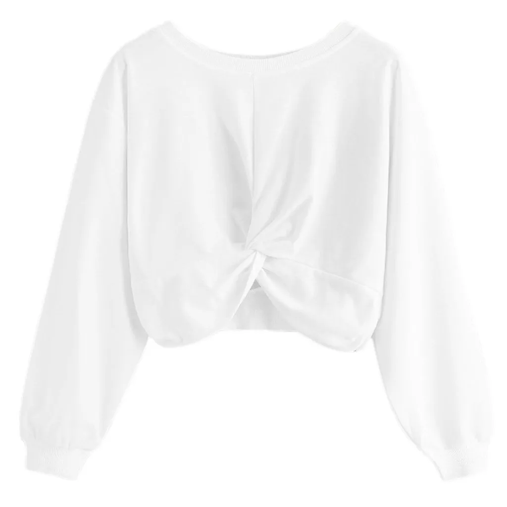 Укороченный топ, Женская толстовка с круглым воротником, чистый цвет, безшляпные топы с длинными рукавами, уличная одежда, женский свитер, Топ Harajuku - Цвет: White