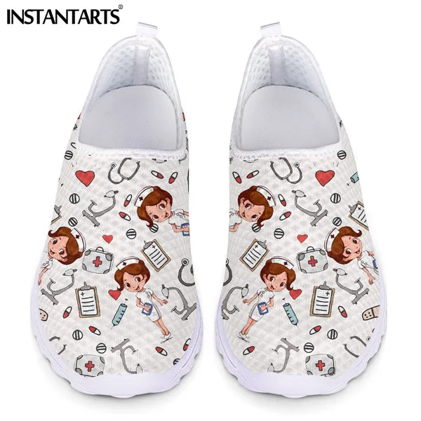 INSTANTARTS Nurse Shoes Summer Flats Women Shoes Mesh Sneakers Shoe Woman Cartoon Doctor Hospital Skech Print zapatos de mujer 