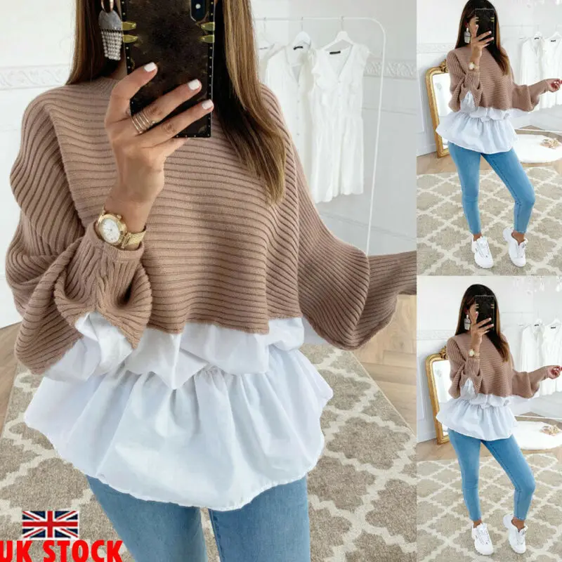 

New Autumn Women's Long Sleeve Crew Neck Blouses Ladies Casual Loose Patchwork Collect Waist Ruffles Batwing Sleeve Shirts Tops