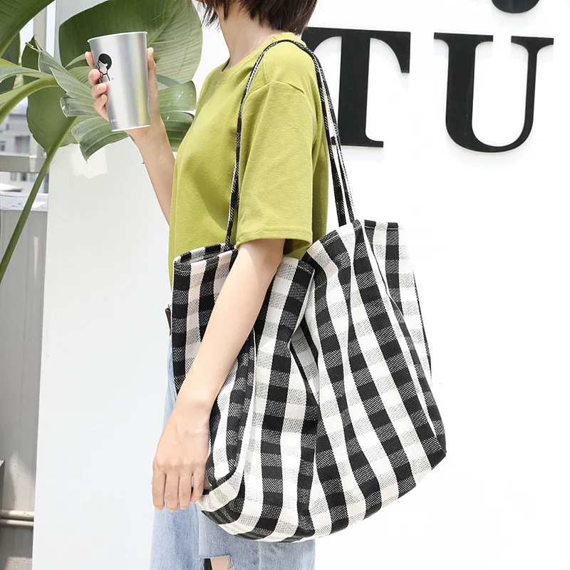 

2022 Art Eco Canvas Bag Large Capacity Women's Handbags Casual Totes Shopping Bags Quality Lattice Handbag Shoulder Bags Female