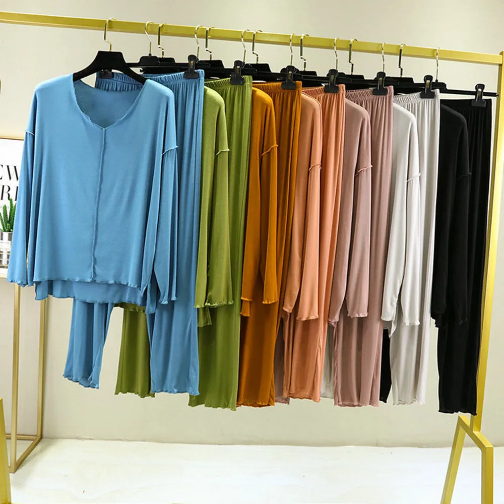

Fdfklak Spring Summer New Loose Pajamas Home Clothes Long Sleeve Top+Wide Leg Pants Two-Piece Suits Sets Sleeping Clothes