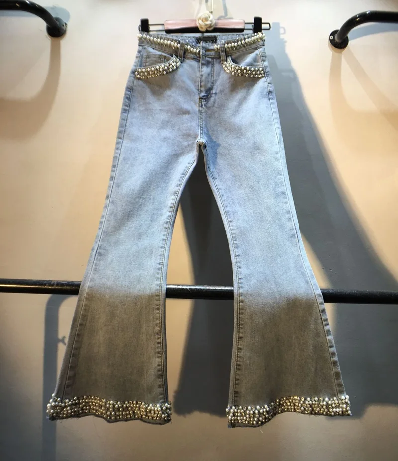 2020 Spring Summer Jeans Trousers Diamond Set Beads Slimming Boot-Cut Capri Jeans Womans High Waist Jean Pants Jeans Flare Pants 2020 Spring Summer Jeans Trousers Diamond Set Beads Slimming Boot-Cut Capri Jeans Womans High Waist Jean Pants Jeans Flare Pants
