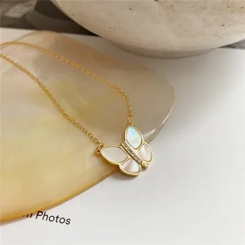 

POFUNUO Real 925 Sterling Silver Women French Style Delicate Necklace Female Fashion Shell Butterfly Pendant 18K Niche Necklaces
