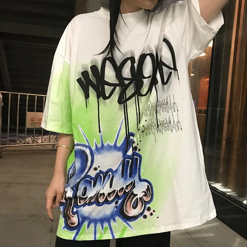 Camiseta holgada de estilo Hip Hop para mujer, Camiseta con estampado de letras y de goteo, grafiti, manga corta, gran tamaño, media larga, verano 2021|Camisetas| - AliExpress