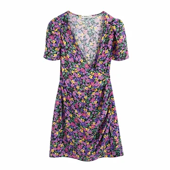 

2020 summer new women's floral dress short-sleeved V-neck draped high waist above knee ladies casual dresses