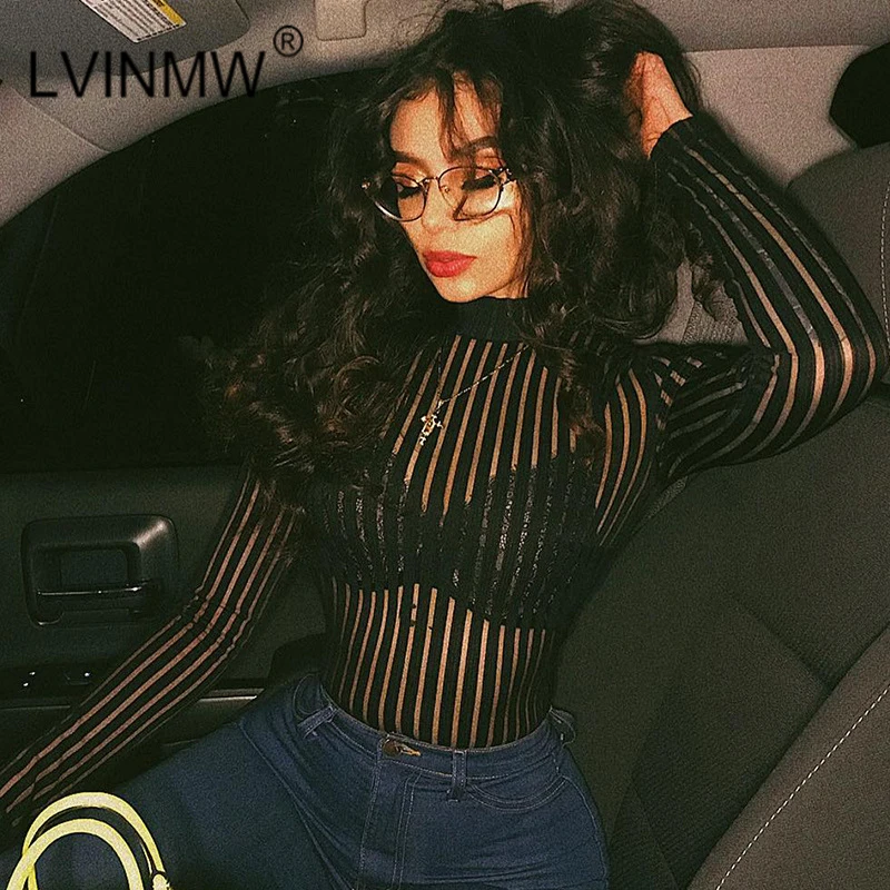 

LVINMW Sexy Balck Rib Mesh See Through Skinny Bodysuit 2020 Spring Women Fashion Long Sleeve Bodycon Romper Female Club Outfits