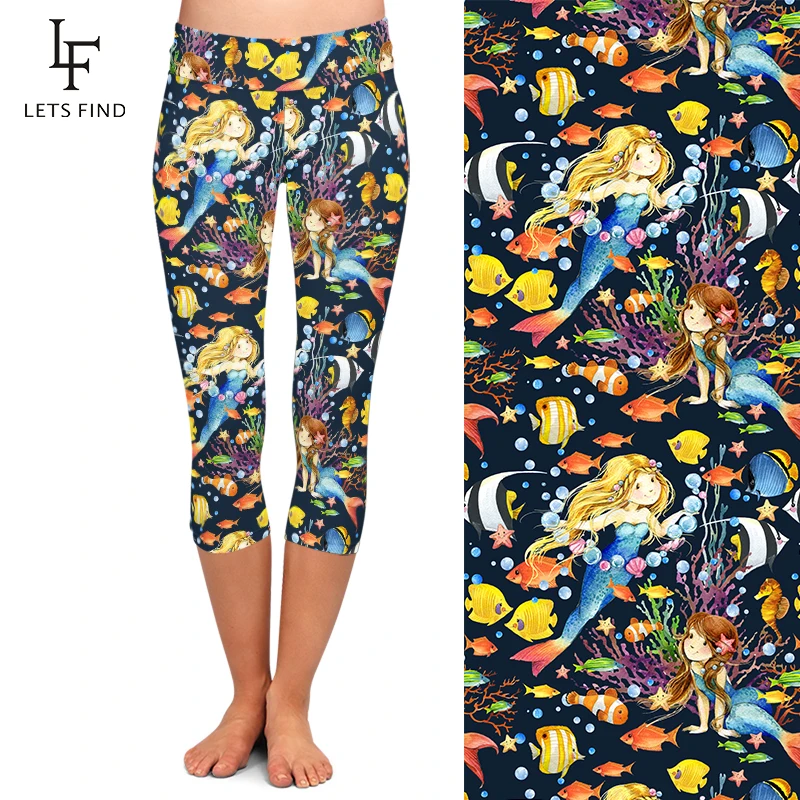 LETSFIND Summer Fashion Women Leggings Animal Undersea World and Mermaid Print Capri Leggings High Waist Elastic Fitness Pants