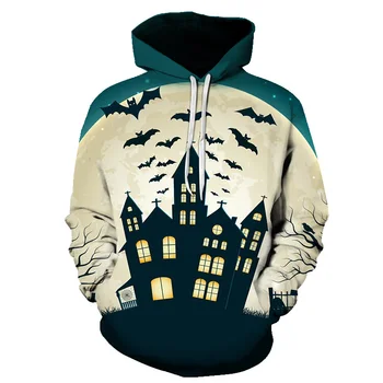 

Men Autumn Winter Pullover Halloween Sweatshirt Horror Dark Night Castle 3D Digital Print Hooded Men Sweatshirts Casual Hoodies